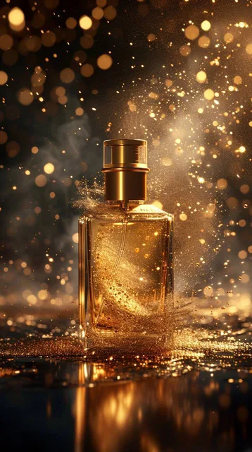 Commercial photography, powerful explosion of golden dust,luxury parfum bottle,yellow sun...