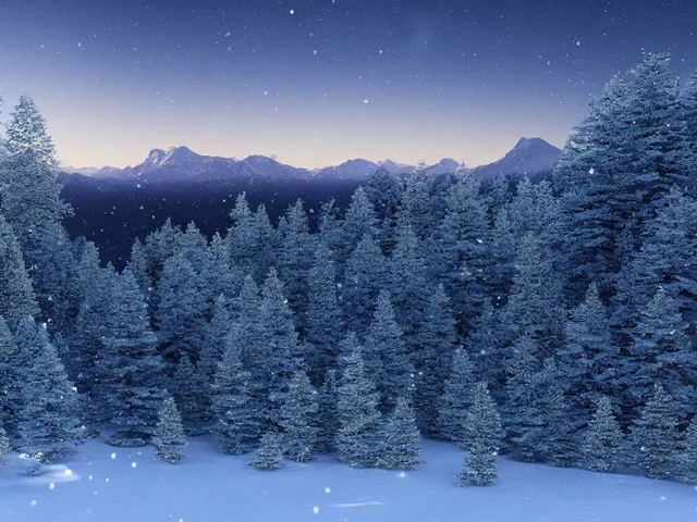 beautiful winter night landscape with mountains and trees in snow, wide angle, crystal::4...