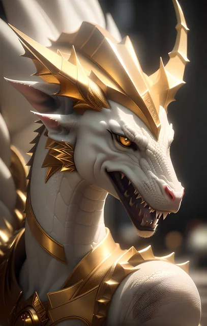 a close-up dragon statue, made of marble, gold and white details, complicated patterns, c...