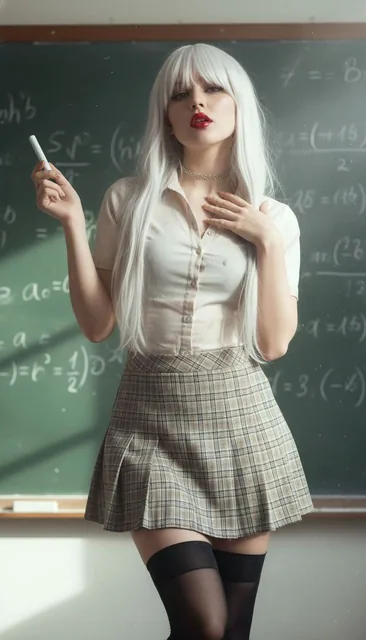 Alluring math teacher by the blackboard", "appearance": "Straight white - blonde hair wit...