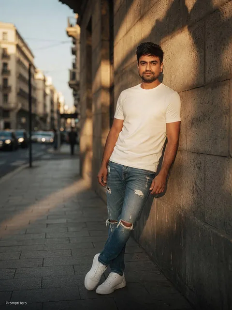 a stylish young man with a lean, toned physique, brown eyes, black hair, casual wear, whi...
