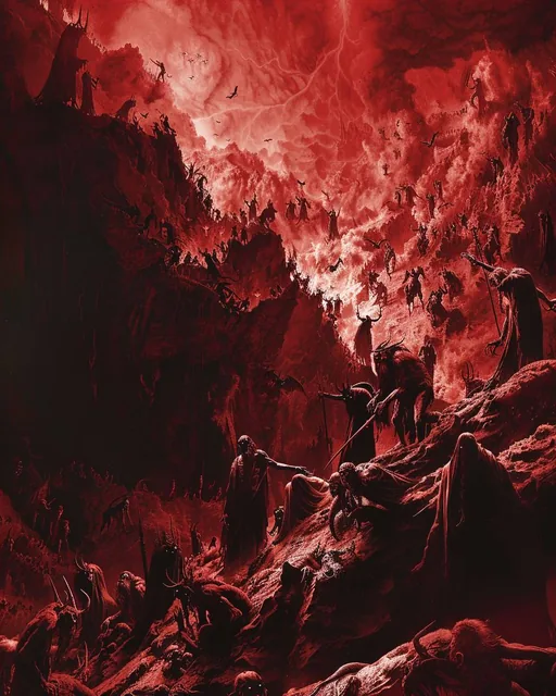 A red fantasy landscape with dragons and monsters, in the style of Dan Mumford, red hues,...
