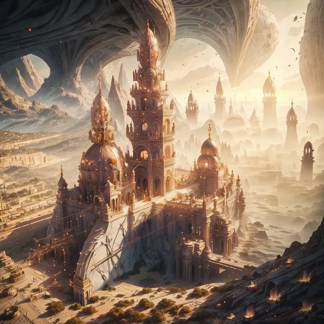 Stunning fantasy city of scientists and magicians with white marble houses and oaks growi...