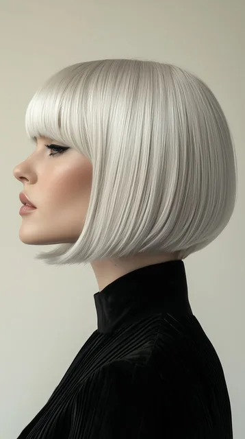 hair photography, woman, bob cut hair, silver color, ivory hue background, studio lightin...