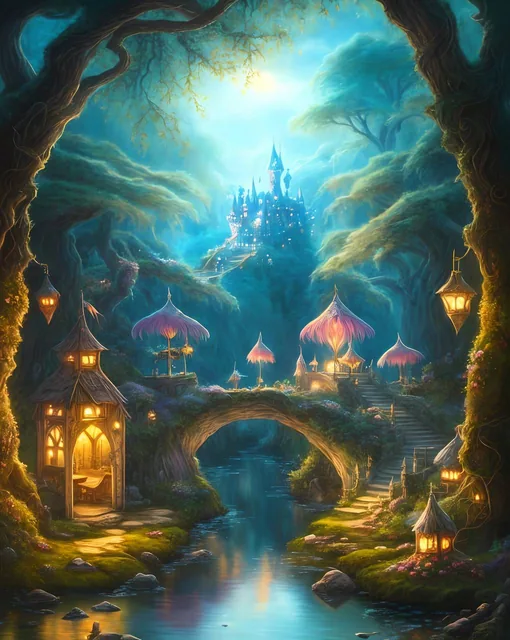a painting of a castle in the middle of a forest, fairyland bridge, enchanted magical fan...