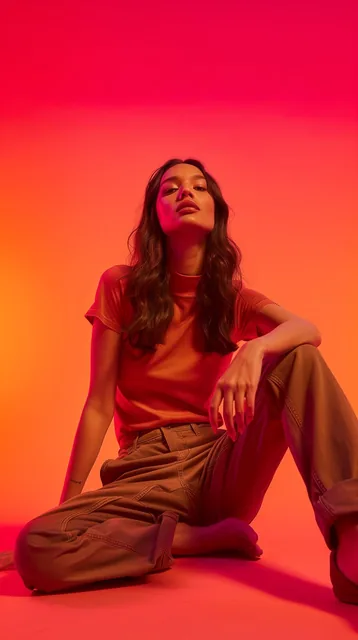 wide and low angle, cinematic, fashion photography for the brand Uniqlo. Woman sitting on...