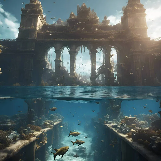 lost city of Atlantis, chaotic ocean, detailed, octane render, tall architectures, sharks...