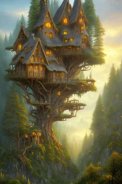 valley, fairytale treehouse village covered,, matte painting, highly detailed, dynamic li...