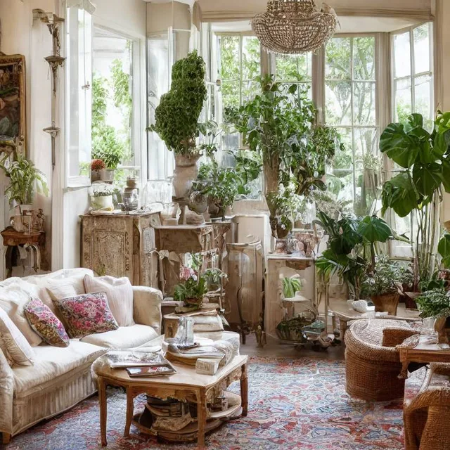 living room with French windows opening onto the garden, Provençal style sideboard, plant...