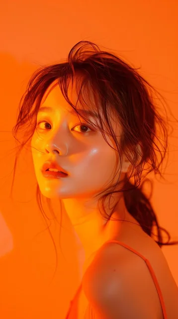 photography, orange hue, korean woman model, solid orange backdrop, using a camera setup...