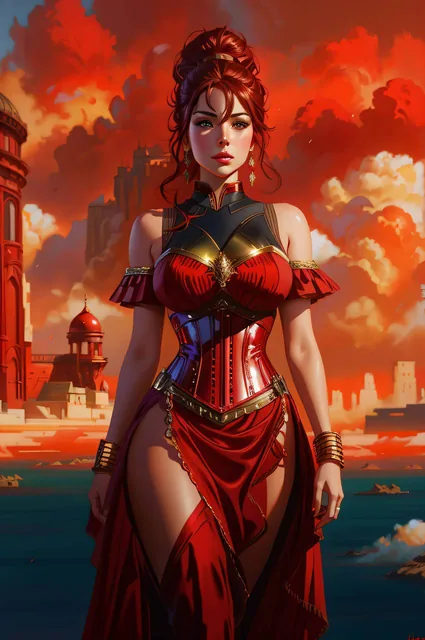 arafed woman in a red corset and a red dress, karol bak uhd, alena aenami and artgerm, fa...