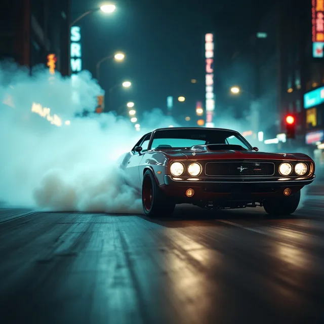 Create a dynamic video sequence featuring a classic muscle car performing a burnout in a...