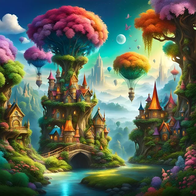 A vibrant, colorful floating community city, clouds above a beautiful, enchanted landscap...
