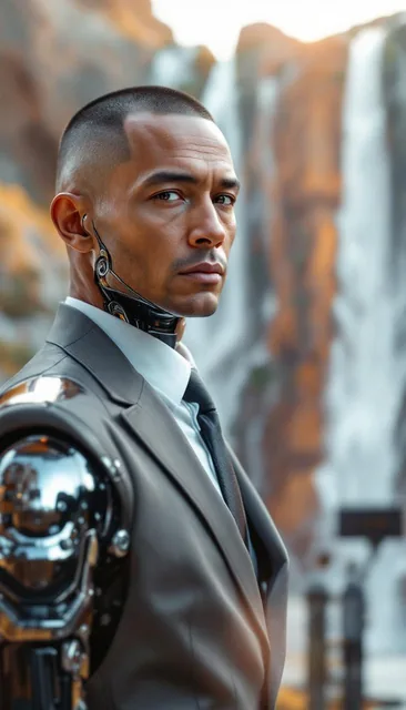 An middle-aged man with a crew cut, wearing a suit and a beauty robot in the Northern Ter...