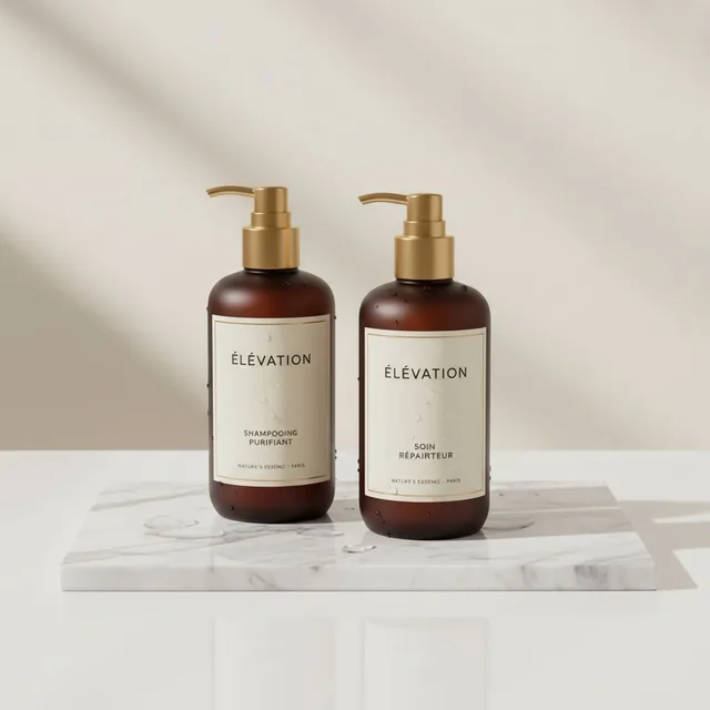 High-end studio photograph of premium hair care products, shampoo and conditioner bottles...