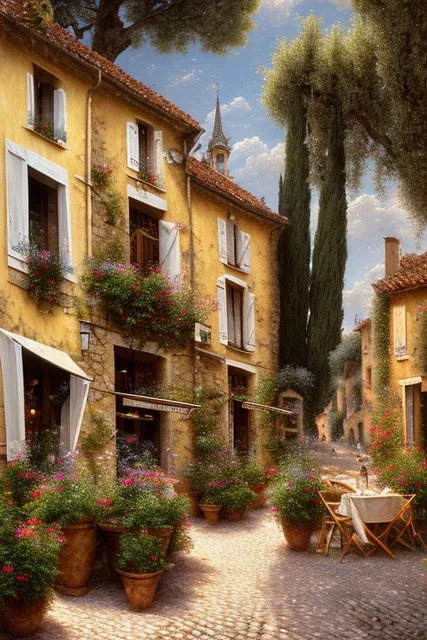 mdjrny-v4 style traditional french cafe in the street of a small village on France. A ter...