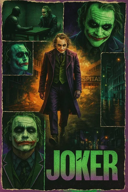 A retro vintage collage design of Heath Ledger as the Joker. The central image shows him...