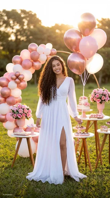 Ultra realistic outdoor birthday photoshoot at golden hour, luxury celebration setup in a...