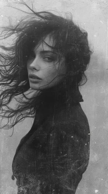 a woman with long wild hair on a windy day, in the style of toy camera effects, haunting...