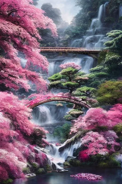 long range view, Beautiful Japanese flower garden, elegant bridges, waterfalls, pink and...
