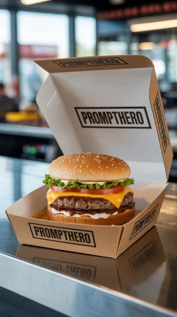 Hyper-realistic hamburger in an open branded box, placed on a clean fast-food counter. Th...
