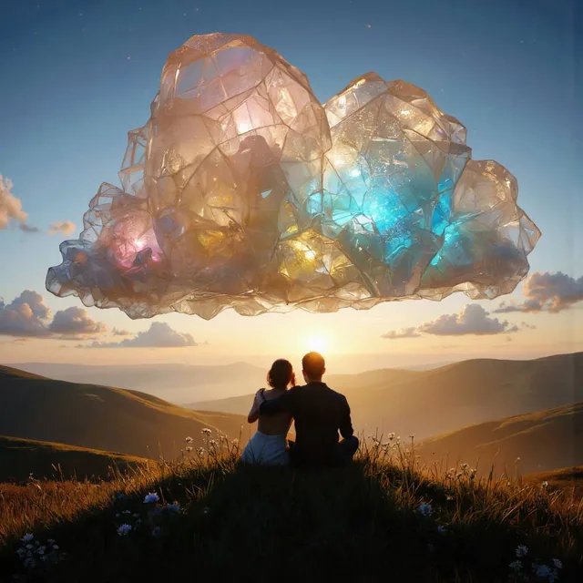 A surreal landscape at dusk, with massive clouds made entirely of transparent, crystallin...