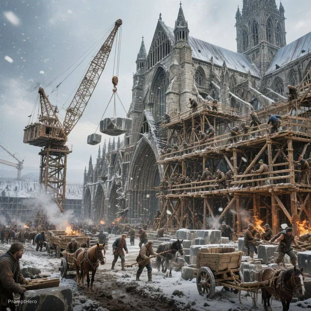 Cinematic 5-second shot of the construction of Kingsbridge Cathedral in medieval England...
