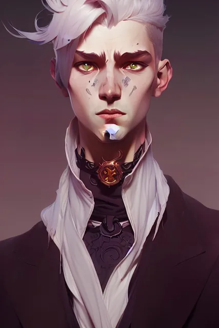 Full height Portrait of young male (villain), centered portrait, fringe up hair, intricat...