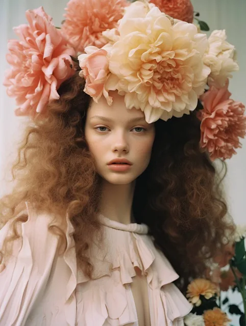 disposable photography of beautiful fashion model, wearing huge flower hairband, 8k, phot...