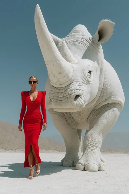 { "scene": { "type": "editorial fashion surrealism", "location": "barren white desert wit...