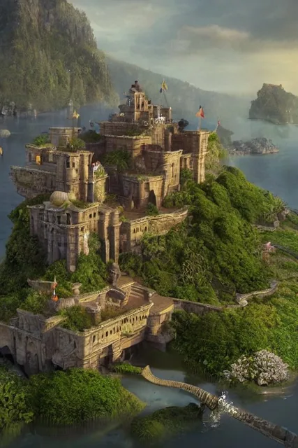 Indian castle surrounded by water and nature, village, volumetric lighting, photorealisti...
