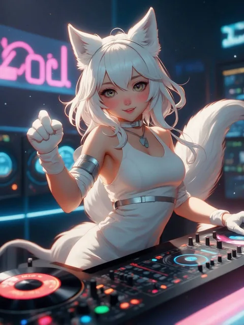 No People in the background, white fox, thick tail, cat ears, 20s, DJing, machines are fr...