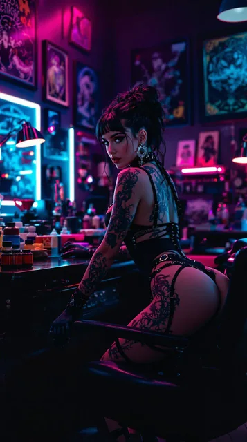 a bold and edgy portrait of a tattoo artist working in a vibrant, neon-lit studio. The wo...