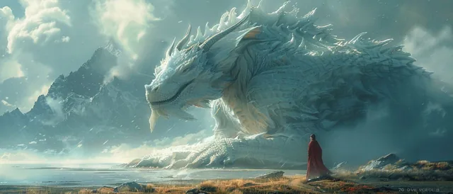 Landscape photography, An epic fantasy landscape where a mountain becomes a huge dragon,...