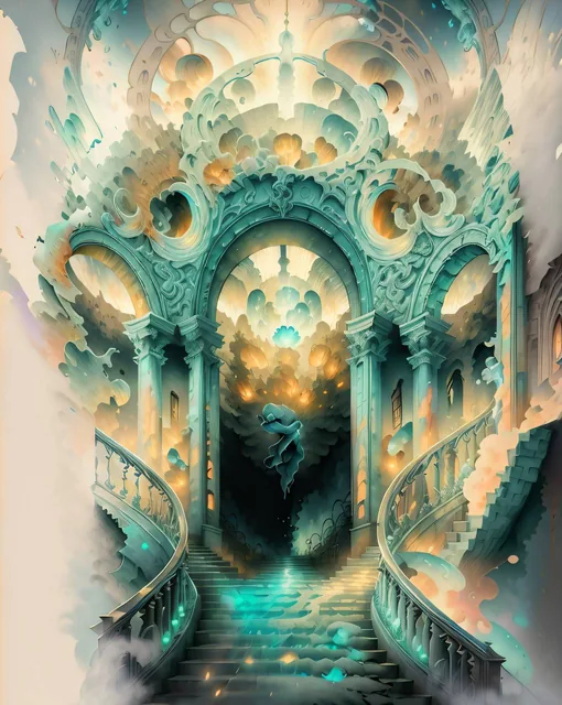 there is a staircase leading to a castle with a sky background, dreamy atmosphere and dra...