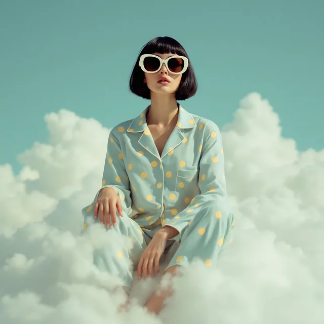 A photo of an eccentric woman sitting on top of white fluffy clouds wearing big sunglasse...