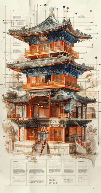A detailed crosssection of the ancient Chinese tower, showcasing its construction techniq...