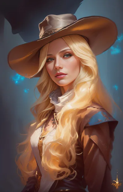 a painting of a woman with a cowboy hat and a long blond hair, beautiful cowboy witch, be...