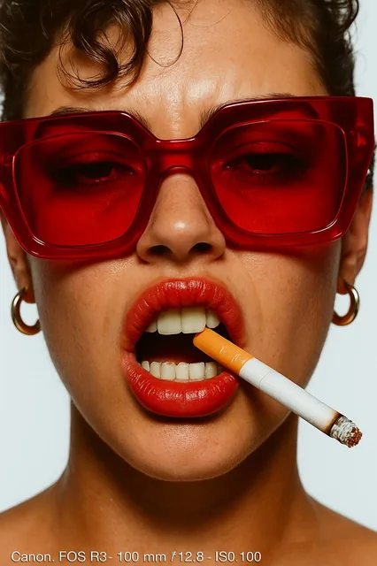 { "subject": { "gender": "female", "pose": "extreme close-up of face, lips parted biting...