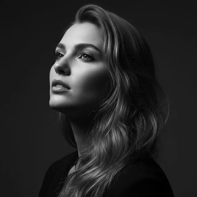 Portrait of a woman with long, wavy hair, looking up and to the side. Black and white wit...
