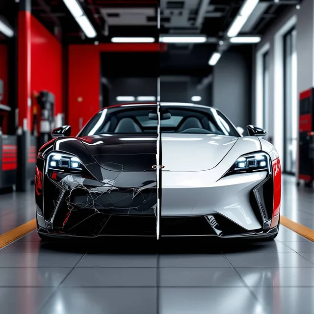 A luxury car, front-facing, with a split down the middle showing a clear before-and-after...