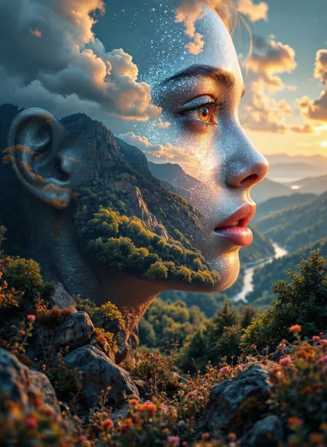 The image is a surreal and artistic composition that combines elements of nature and huma...