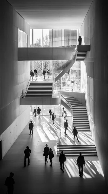 geometric and architectural, vertical, black and white photography, looking up through a...
