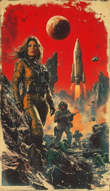 A vintage pulp cover of an alien planet with two astronauts in space suits fighting green...