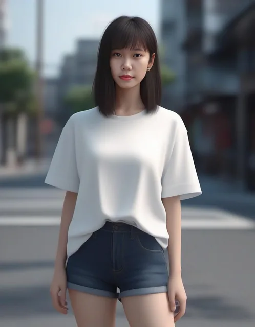A pretty South Korean girl wearing an oversized fashion white t-shirt on a street, cut ba...