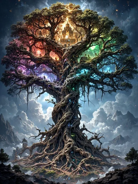 A vast, cosmic Yggdrasil, the World Tree, stretches into the star-speckled void of space,...