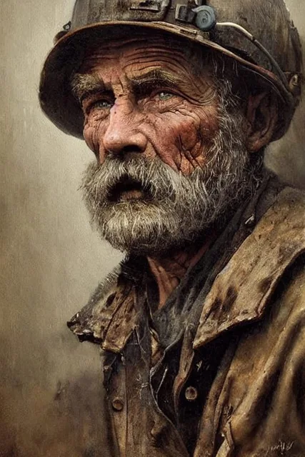 a portrait of an old coal miner in 19th century, beautiful painting with highly detailed...