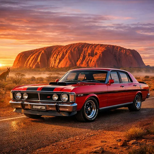 Ultra-realistic photograph of 80s Toyota Landcruiser parked on the Stuart Highway a deser...