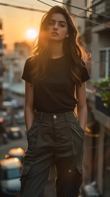 photography, front view, dynamic range, female model, upper-body, black T-shirt, dark kha...