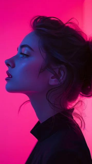 photography, portrait of contrast, profile silhouette of a woman, vibrant hot pink backdr...
